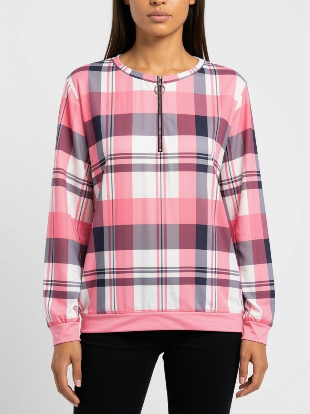 Pink Plaid Quarter-Zip Long Sleeve Top Size 2XL
